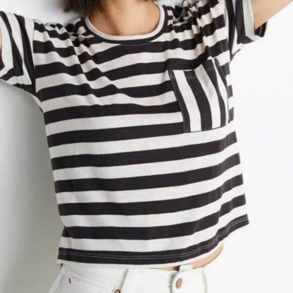 Like New Marine Layer Drop Shoulder Stripes Tee in Black/White Stripes Sz L - Picture 2 of 4